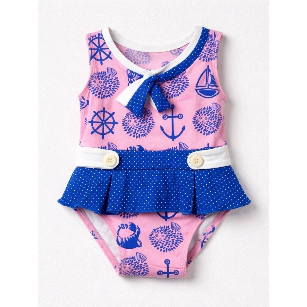 The BeaufortโBonnet Company pink and Blue Nautical Theme skirted one piece swim